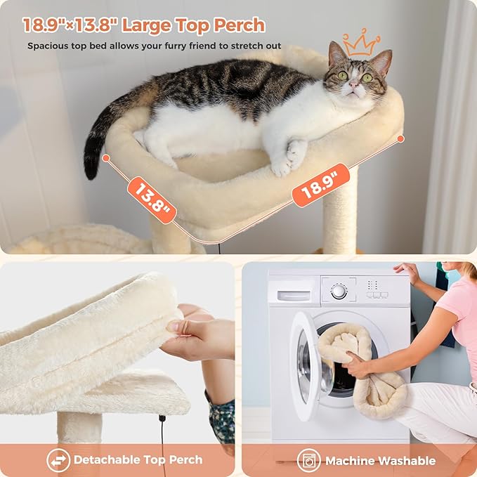 Modern Cat Tree for Indoor Cats Large Adult, 51 Inches Wood Cat Tower with Cozy Condos, Fully Sisal-Wrapped Scratching Posts, Top Perch and Soft Hammock, Kitten Play House, Beige