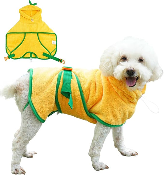 Pet Bathrobe for Dog Cat Absorbently Quick Drying Coat Cute Dogs Bath Towel Hooded Robe Adjustable Collar & Belly Strap for Pool Beach (Yellow, X-Small)