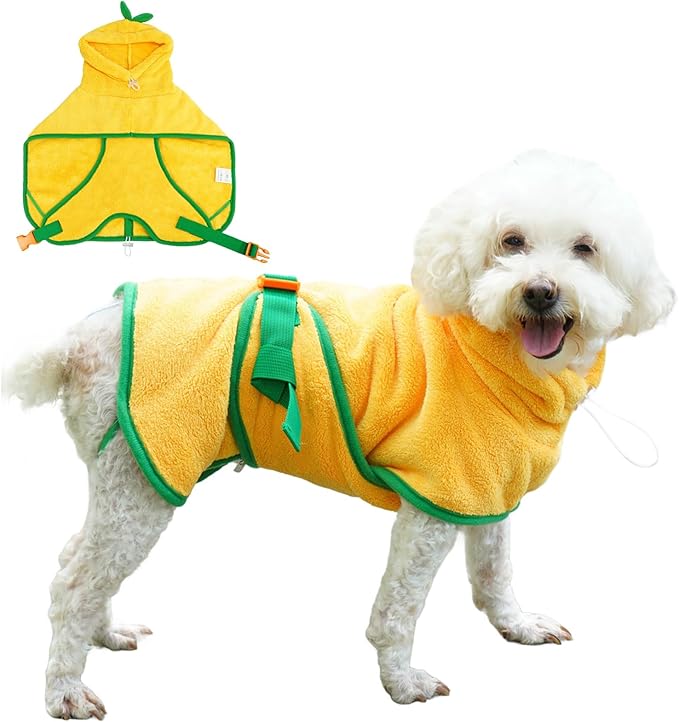 Pet Bathrobe for Dog Cat Absorbently Quick Drying Coat Cute Dogs Bath Towel Hooded Robe Adjustable Collar & Belly Strap for Pool Beach (Yellow, X-Large)