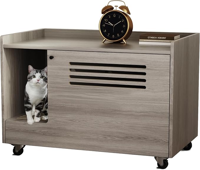 YZU Cat Litter Box Enclosure, Litter Box Furniture Hidden with Movable Wheels, Wooden Pet House Cabinet with Side End Table, 4-Grilles, Cat Litter Mat