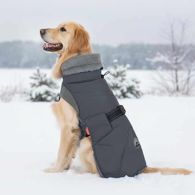 KYEESE Waterproof Dog Coat, Windproof Warm Winter Jacket with Thick Fleece Lined, Cozy Turtleneck Dog Coats for Large Dogs with Leash Hole, Reflective Outdoor Cold Weather Coat, Gray, XXX-Large