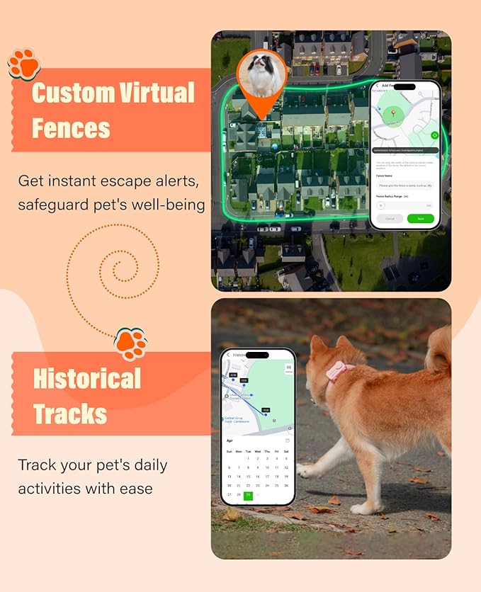 Pet Tracker Support Two-Way Call and AI Health Alerts, Play Music and Pet Community, Real Time Tracking and Virtual Fence, GlocalMe GPS Tracker for Dog and Cat, Global Unlimited Range