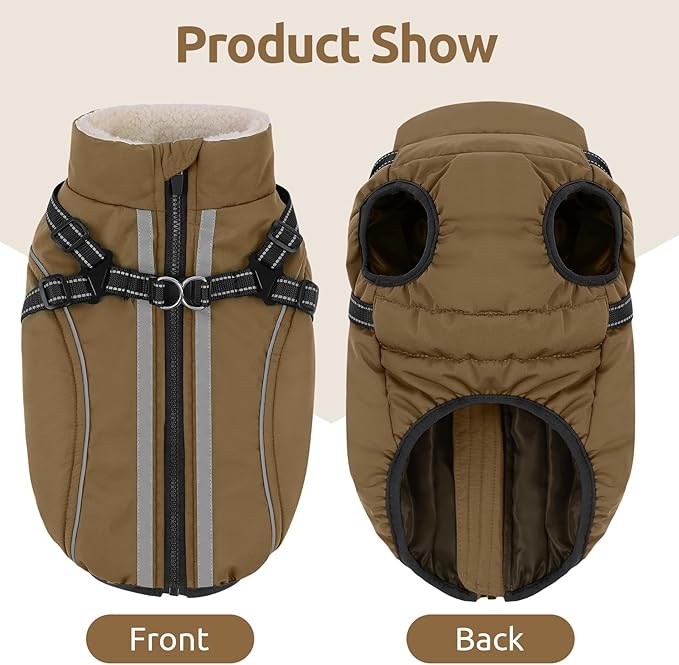 Dog Winter Coat with Harness Built in Warm Puffer Dog Jackets for Small Medium Large Dogs Windproof Waterproof Outfit with Plush Lining and Reflective Stripes (Brown, XL)