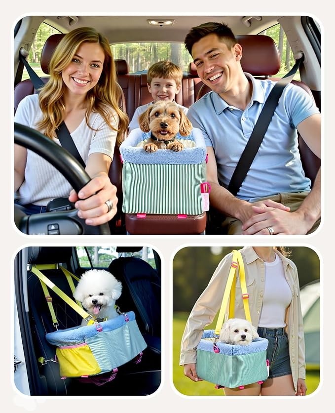 BurgeonNest Center Console Dog Car Seat, Puppy Carseat for Small Dogs, Cat Car Seat with Metal Frame and Double Protection Seat Belts, Pet Booster Seat with Washable Cushion and Clip-on Leash