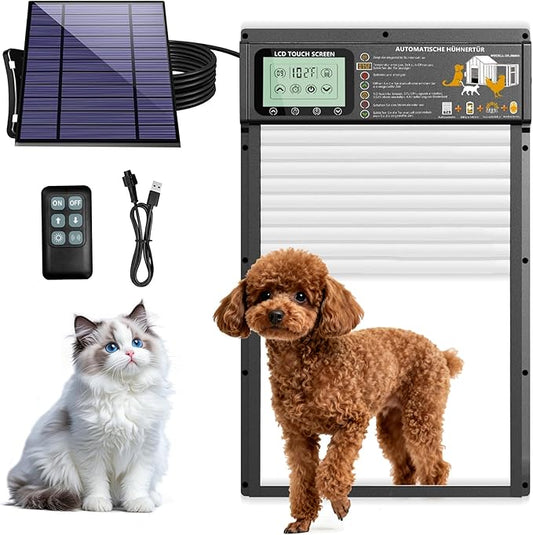 Solar Powered Automatic pet Door, LCD Display, Timer, Light Sensor, Remote Control, 6000mAh Battery, 4 Operation Modes