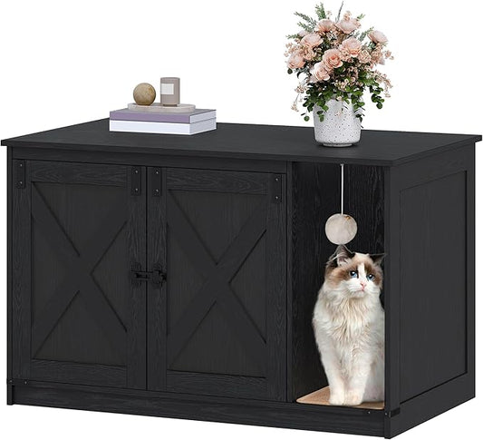 Cat Litter Box Enclosure, Hidden Litter Box Cabinet Furniture with Bell, Indoor Cats House, Farmhouse Style, 39.4 x 21.7X 24.8 Inches for Hallway, Bedroom, Black CB85204X