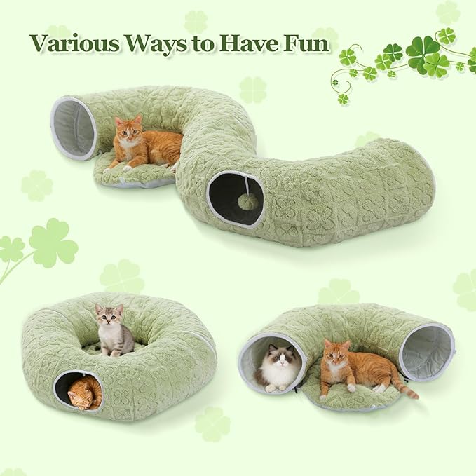 PEQULTI Cat Tunnel with Bed for Indoor Cats, Cat Play Donut Tunnel with Washable Soft Plush Mat, Round Tube Toys Cute Tube for Kittens, Puppies, Rabbits and Ferrets, Green