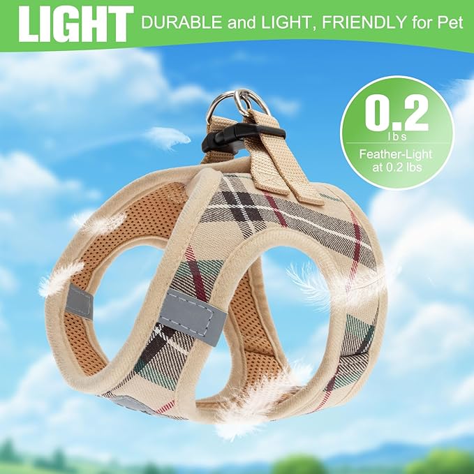 EXPAWLORER Plaid Small Dog Harness and Leash Set with AirTag Holder - Soft Padded Step in Dog Vest Harness Medium Sized Dog, No Pull Reflective Puppy Harness, Collar and Leash for Walking, Khaki L
