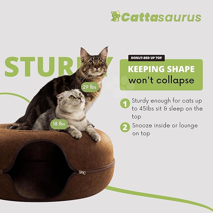 Cattasaurus Peekaboo Cat Cave Donut for Multiple & Large Cats up to 30-45 lbs, 3-in-1 Self Warming Cat Bed, Tunnel & Scratcher for Indoor Cats, Washable & Detachable Small Dog Bed (Brown, Jumbo)