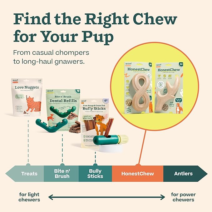 WOOF HonestChew Dog Toy Antler - Durable Dog Chews - Made with Natural, Plant-Based Ingredients - Splinter-Resistant - Safer Than Dog Bones - Small