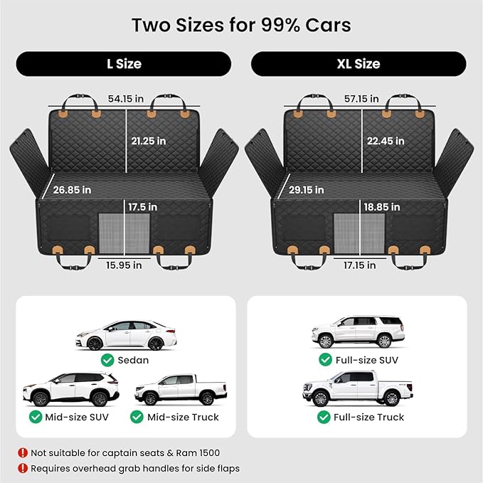 REEVAA Dog Car Seat Cover for Back Seat, Hard Bottom Dog Hammock, Pet Bed Extender for 2-4 Large/Medium Dogs, Ruff Waterproof Seat Protector, Rover Universal L Size for SUV Medium Truck, Black+Orange