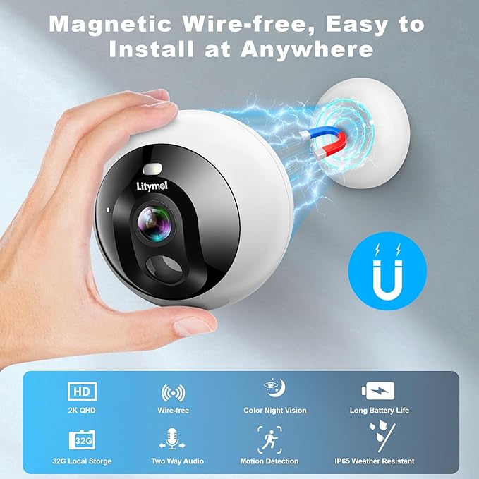 2K 32G MagCam, Security Cameras Wireless Outdoor Indoor for Home Security with AI Motion Detection, 32G SD/Cloud Storage, Color Night Vision, 2-Way Audio