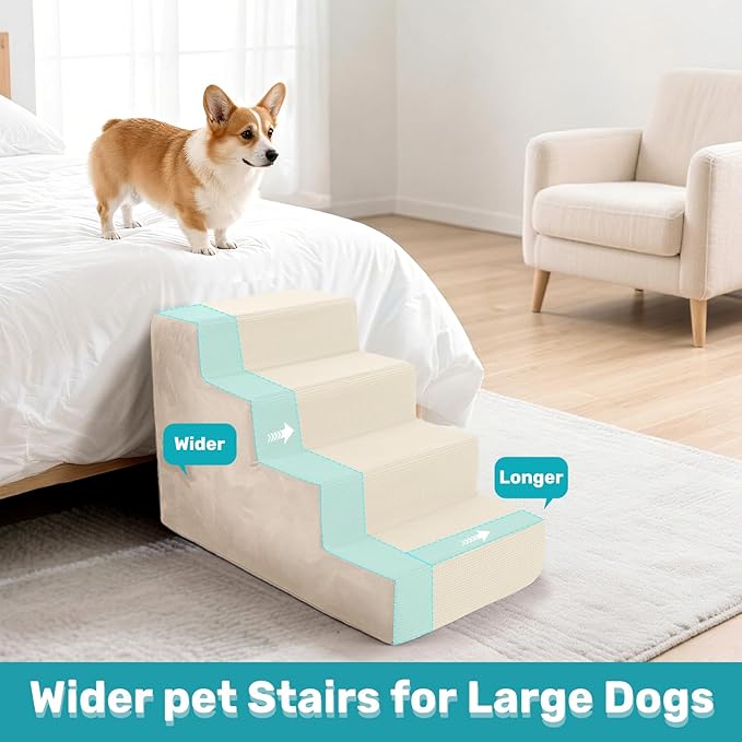 Dog Stairs for Bed, Extra Wide 4-Step Dog Steps for High Bed, High-Density Foam Pet Stairs with Non-Slip Removable Washable Cover for Small Pets, 18" H, Beige