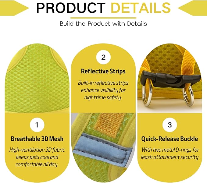 Small Dog Harness and Leash Set, Adjustable Step-in Dog Harness with Back Clip, Reflective Escape Proof Easy Walk Dog Harness for Small Sized Dog, Puppy, Cats (Lemon Yellow S)