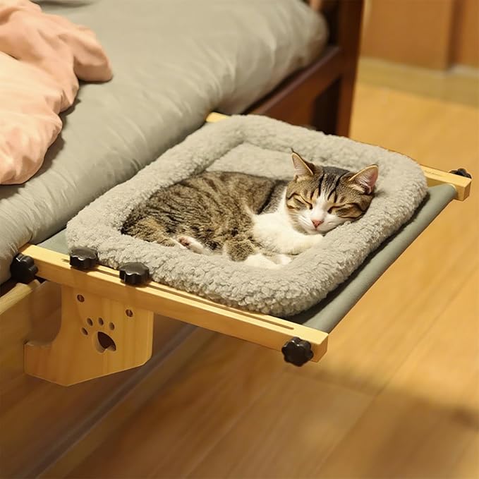 Cat Window Perch- Adjustable Sill Fit,Renter-Safe,Wood-Metal Frame Sturdy Hammock No Drilling,Washable Bed Cover,Tool-Free Install for Indoor Cats,Ideal for Small Spaces & Multi-Cat Families(Grey,M)