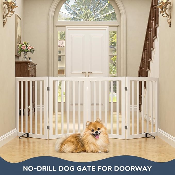 Homykic Bamboo Freestanding Dog Gate, No Assembly Pet Gate Indoor, 24”H x 75”W Extra Wide Foldable Puppy Barrier Fence with Support Feet for The House, Doorways Stairs, 4 Panels, No Drilling