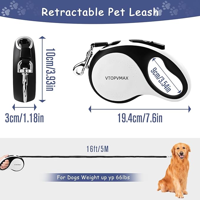 16Ft Retractable Dog Leash - for Small to Medium Dogs Up to 66lbs, Heavy Duty Retractable Leash with Light Rechargeable, Quick Lock Braking & Non-Slip Handle (White)