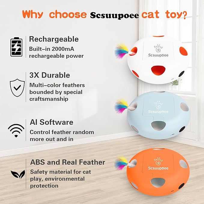 Interactive Cat Toy, Electric Cat Toys for Moving Concealed Feathers, Smart Sensor 7 Holes Whack a Mole Feather Toy, USB Charge Automatic Kitten Christmas Toys,White