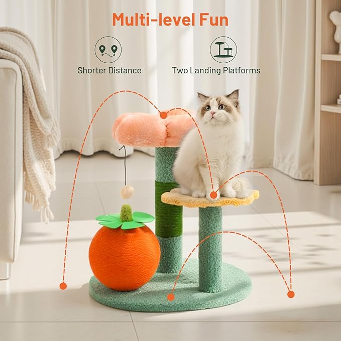 Sisal Cat Scratcher for Indoor Cat Kitten Sugar Ball Scratching Post with Hanging Ball,Solid Wooden 2 Level Track,Interactive Toy