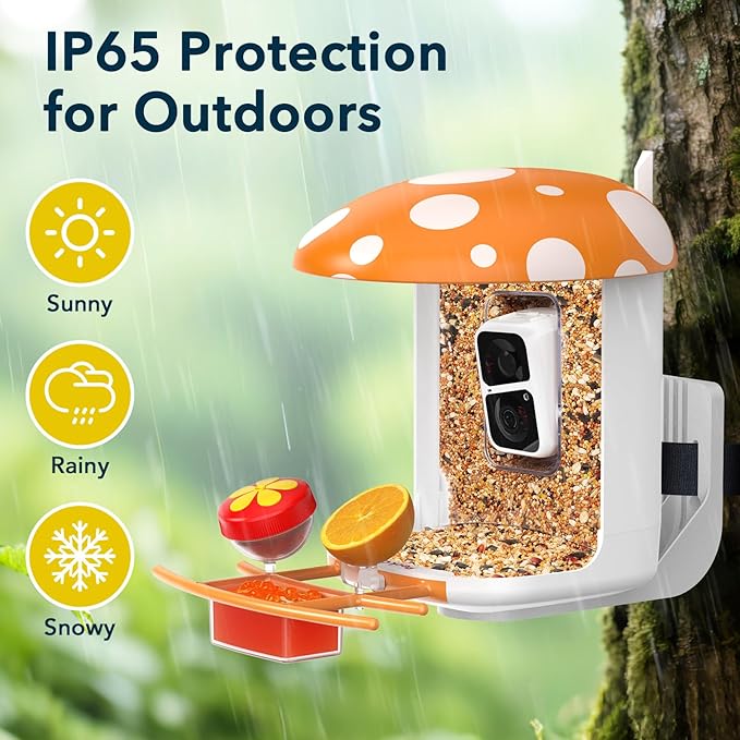 Smart Bird Feeder with Camera 2K Live Real-Time Alert AI Identify with 32G Card DIY Attachments Camera Bird Feeder Solar Powered Wireless Outdoor Birdwatching Gift for Birds Lover, Orange