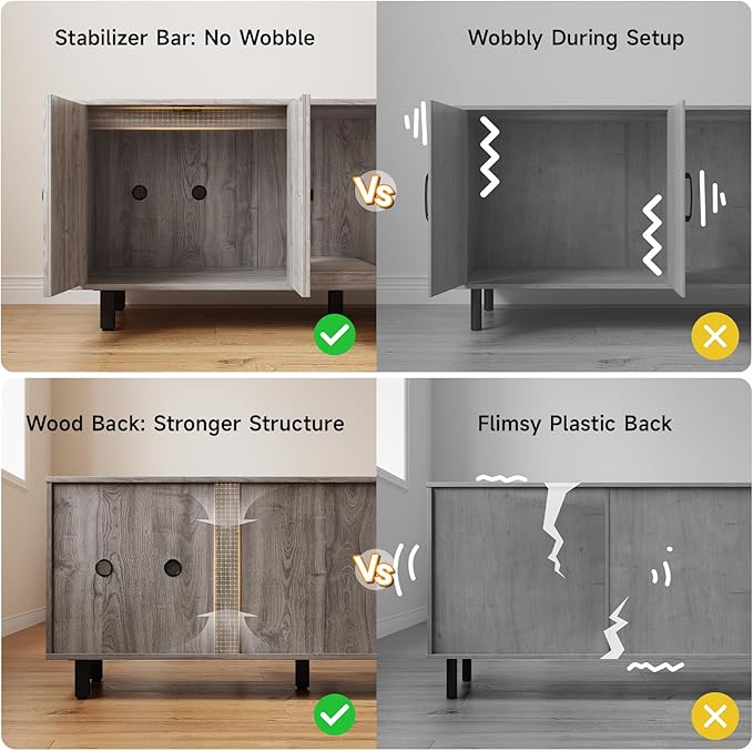 ONBRILL 59 Inches Cat Litter Box Enclosure for 2 Cats, Hidden Litter Boxes Furniture with Cat Scratch Pad, Large Indoor Pet House with Double Room, Wooden TV Stand Side Table, Grey