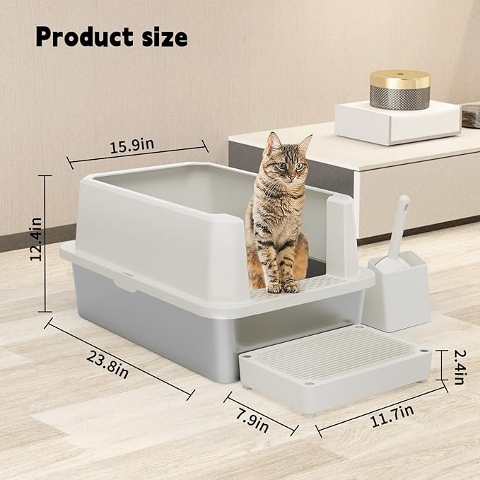 RIZZARI Open Cat Litter Box: Large Beige Stainless Steel Litter Pan 23.8" x 15.9" x 12.4" - High Sided Splash-Proof Easy Clean Toilet for Cats up to 20 lbs - Ideal for - Laundry Areas - Apartments