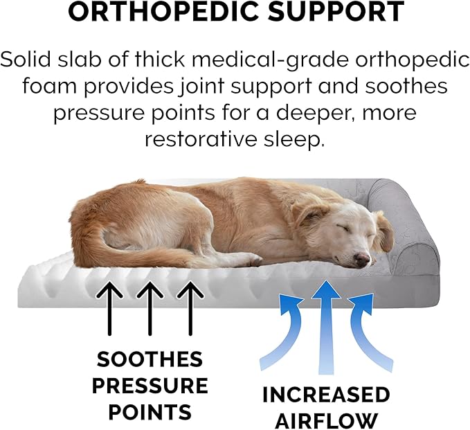 Furhaven Orthopedic Dog Bed for Large Dogs w/ Removable Bolsters & Washable Cover, For Dogs Up to 95 lbs - Pinsonic Quilted Paw L Shaped Chaise - Titanium, Jumbo/XL
