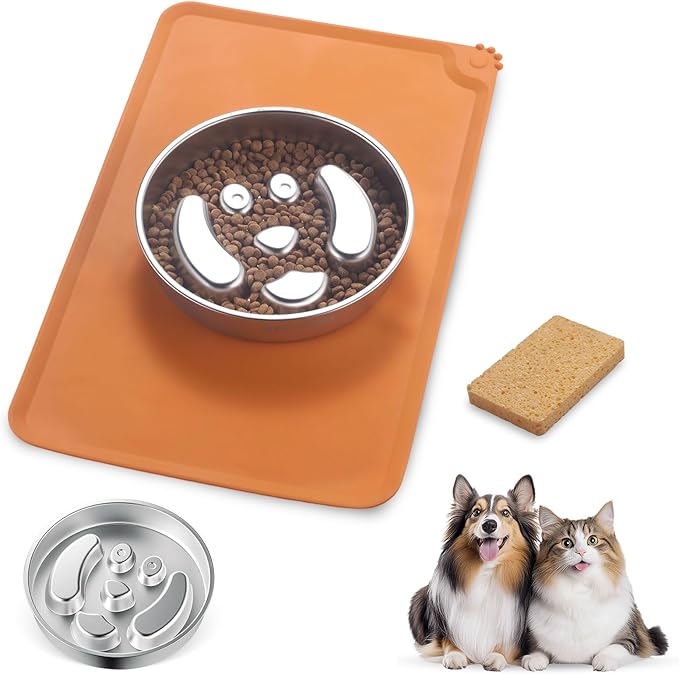 Stainless Steel Slow Feeder Dog Bowls – Non-Slip Metal Dog Bowl for Large & Medium Breeds, Puppy Puzzle Feeder – 2 Cup Capacity for Small to Big Pets – Durable Slow Feed Dog & Cat Food Dish with Mat