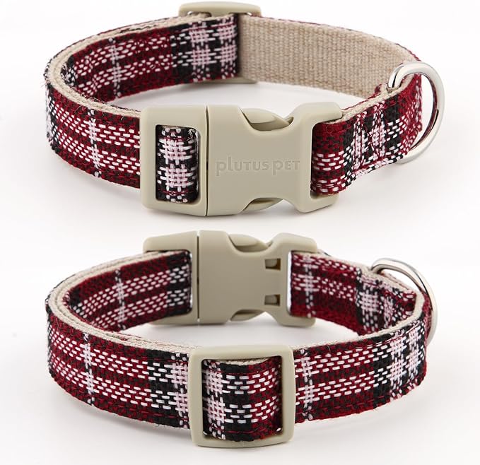 Plutus Pet Cotton Hemp Dog Collar and Leash Set, Adjustable Collar for Small, Medium, and Large Dogs, Heavy Duty and Soft on Skin, Red Plaid, XS