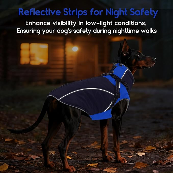 ASENKU Reflective Dog Coat with Built-in Harness, Windproof Fleece-Lined Dog Jacket for Small, Medium, Large Dogs, Warm Winter Vest with Turtleneck & Zipper (Navyblue 3XL)