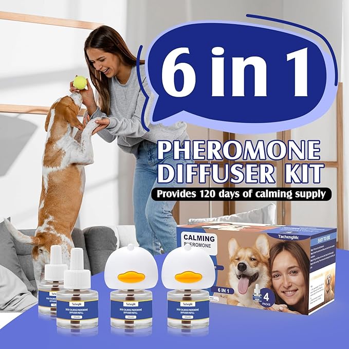 Dog Calming Pheromones Diffuser, 6 in 1 Kit Appeasing Pheromone Diffuser to Calm Dogs, Dog Anxiety Relief Lasting 120 Days with 2 Diffuser + 4 48ml Refill