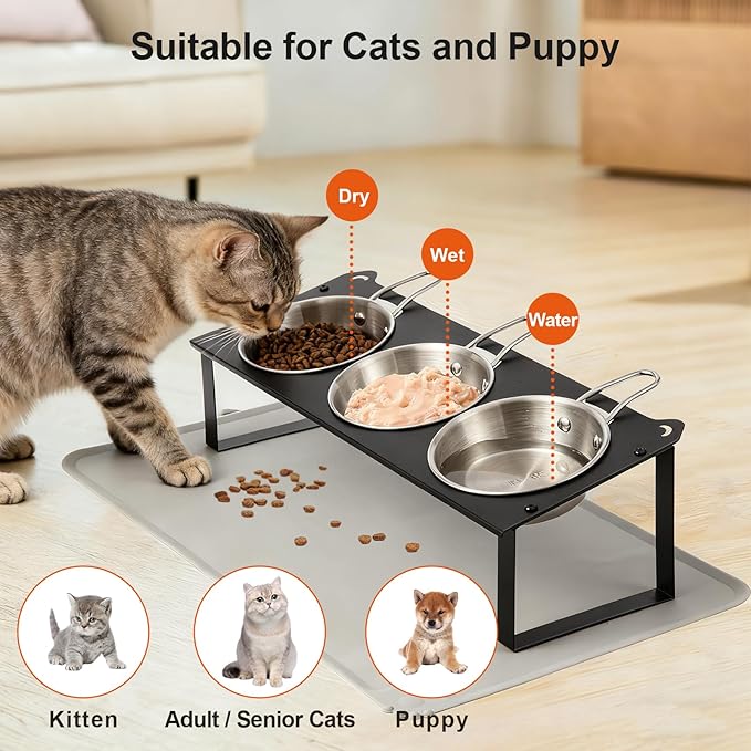 Elevated Cat Bowls with Food Mat, 10°Tilted Non-Slip Raised Cat Food Water Bowls Set, 3 Thick Stainless Steel Pets Dishes with Handles to Indoor Kitten Puppy, Anti-Vomiting Cute Metal Feeding Stand