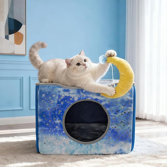CWV Cat Houses for Indoor Cats, Cute Cat Cave Bed with Scratch Pad, Foldable Cat Cube for Multiple Large Cats, 17X17x13inch, Star Design