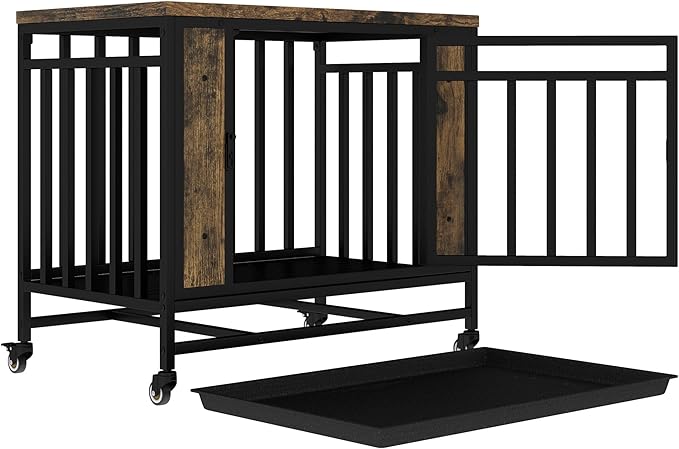 32 Inch Heavy Duty Dog Crate Furniture, Indestructible Wooden Dog Cage Kennel with Lockable Wheels and Removable Tray, Indoor Escape Proof Dogs House for Small Medium Dogs for Living Room Bedroom