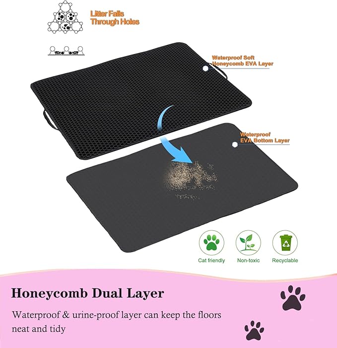 Large Cat Litter Mat - 30"x 24" Double Layer Honeycomb Kitty Litter Mat,Waterproof and Urine-Proof,Easy to Clean with Handles,Ideal Litter Trapping Mat for Cats