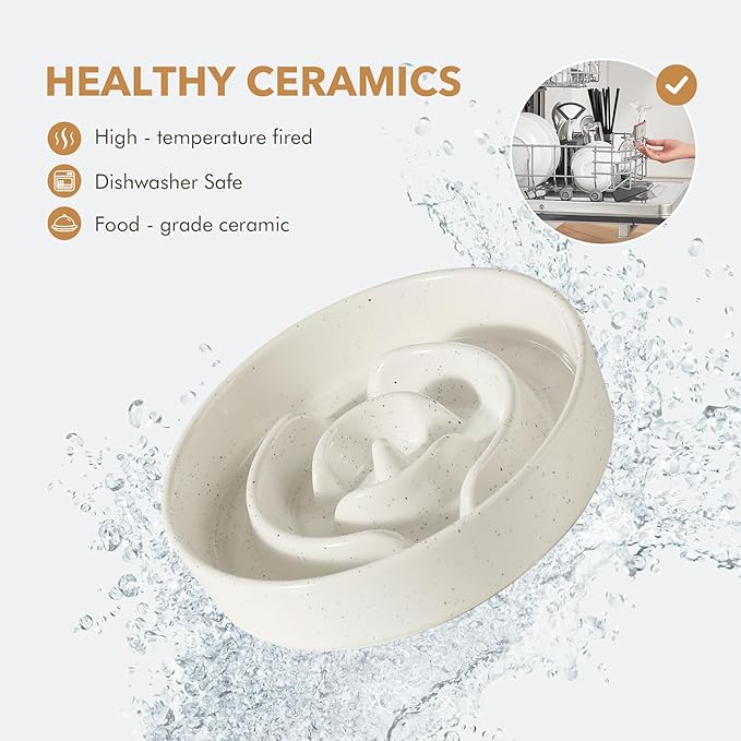 Ceramic 3.2 Cup Dog Bowl Slow Feeder for Large Dog, 9.5inch Pet Slow Dish, Stop Bloat, Preventing Choking(Single Bowl, Vanilla White)