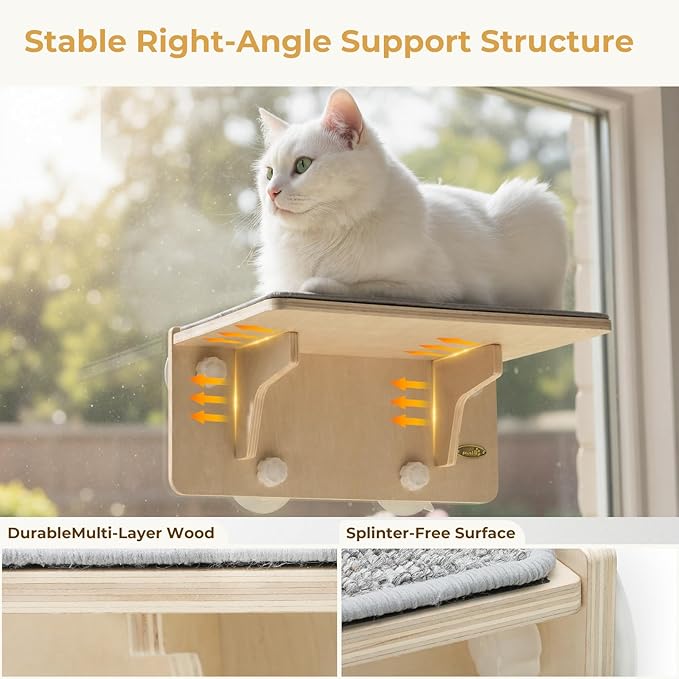 Pecute 2-in-1 Cat Window Perch & Wall Shelves, Cat Hammock Window with Solid Wood, Strong Suction Cup, Washable Cover Mat, Kitten Window Seat Indoor, Cats Perch Bed for Birds Watching Inside,16"x10"