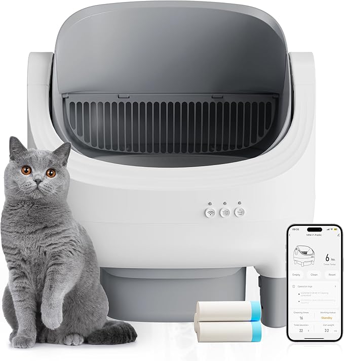Open-Top Self-Cleaning Cat Litter Box, Automatic Litter Box for Multiple Cats with 10.5L Waste Bin, Advanced Safety Sensors, Quiet Operation, Easy to Clean (Gray)