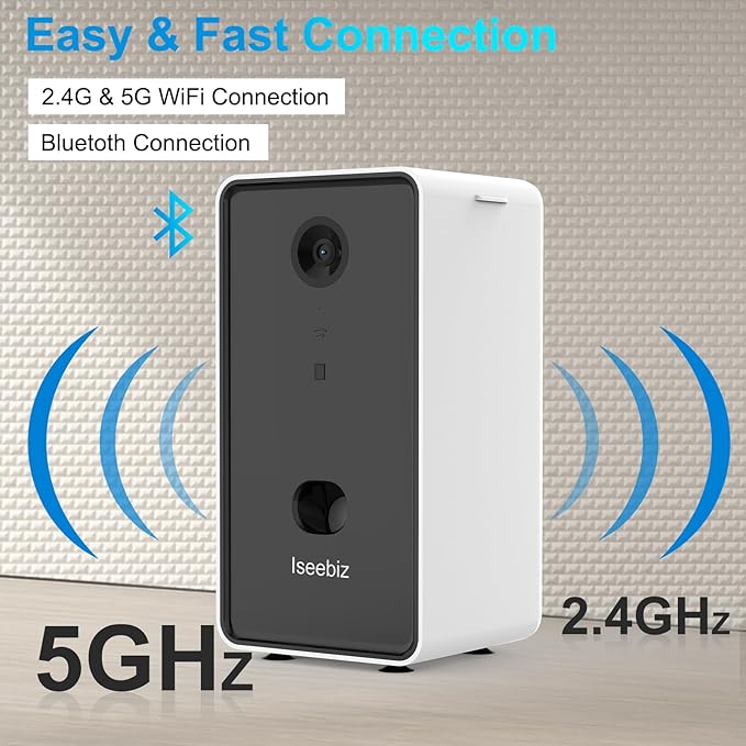 Iseebiz Pet Camera Treat Dispenser, 2 Way Audio Talk Listen, 5G WiFi, 1080P Night Vision Cat Dog Cam, App Control Tossing, Multi Devices Login, Compatible with Alexa, Play with Your Dogs and Cats