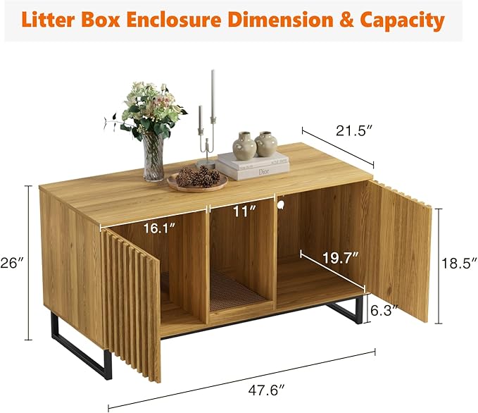Double Litter Box Enclosure,Modern Cat Litter Box Enclosure for 2 Cats, Hidden Litter Box with Cat Scratch Pad, Cat Washroom Cat House End Table, Entryway Bench for Livingroom (Natural)