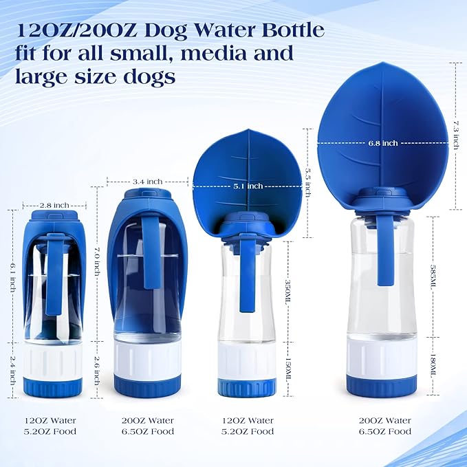 Upgraded Dog Water Bottle, Portable Dog Cat Puppy Pet Water Dispenser Feeder with Drinking Cup and Food Container Leak Proof for Outdoor Walking, Travel, Hiking 12OZ Blue