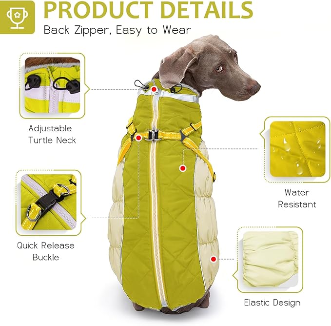 Dog Winter Coat with Harness, Dog Jacket, Pet Clothes with Zipper on Back, Waterproof Windproof Warm Vest, Reflective Cold Weather Coats, for Small Medium Large Dogs, Thick, Green, XS