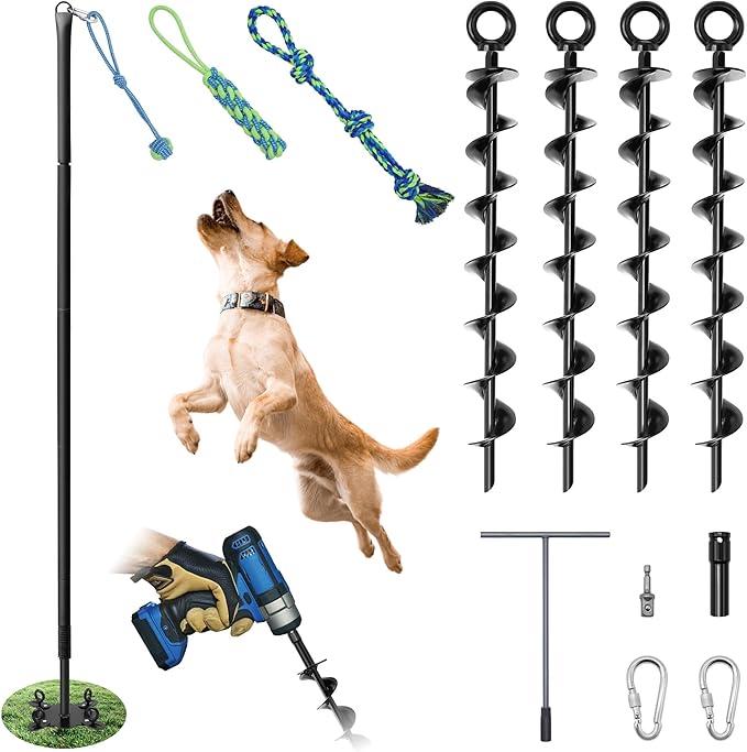 Tether Tug Outdoor Dog Toy, 31"-78" Tug of War Dog Toy with Safety Pole Cover, 3 Replaceable Ropes & Spiral Ground Anchor - 4 Durable Spring Pole Interactive Pull Toy for Large Medium Small Dogs