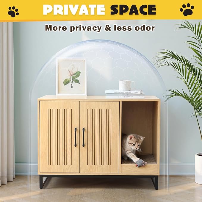 Litter Box Enclosure, Cat Litter Box Furniture with Scratching Mat, Large Hidden Litter Box Furniture Pet House, Wooden Cat Washroom Indoor, End Side Table for Hallway (Landing)