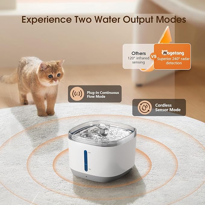Cat Water Fountain, 100oz/3L Wireless Pet Water Fountain Battery Operated, Water Fountains for Cats Indoor with Motion Sensor, 5-Stage Filtration, Stainless Steel Tray, LED Light & BPA-Free