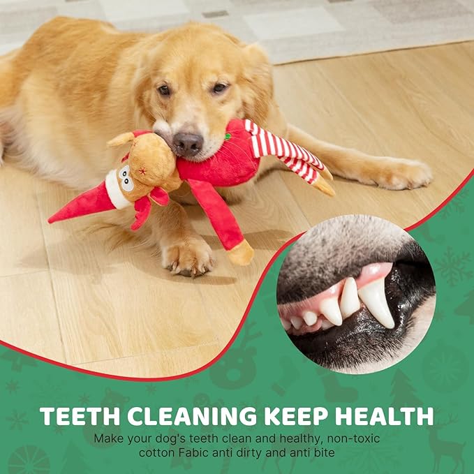 Christmas Dog Toy Reindeer Plush with Squeaker & Crinkle Paper – Holiday Squeaky Chew Toy for Small and Medium Dogs – Interactive Santa Elf Pooch on a Perch Dog Gift
