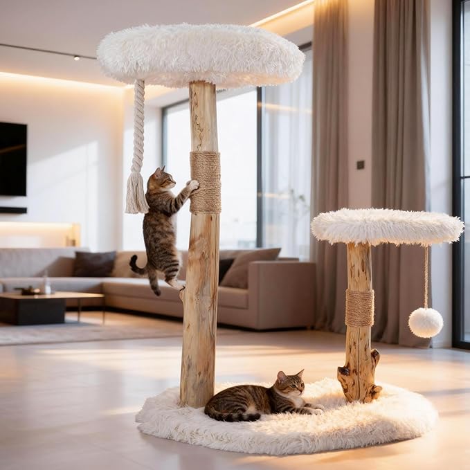 Modern Cat Tree Tower for Indoor Cats, Natural Solid Wooden Branch with Sisal Scratching Post, Log Style Cat Furniture with Perches Platform & Toy Ball