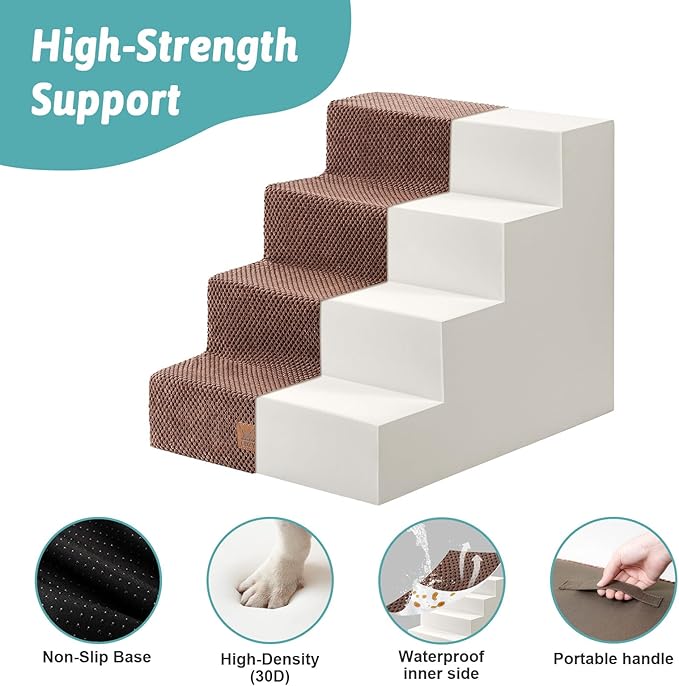 Dog Stairs for Small Dogs, 17.7" Extra Wide Right-Angle Pet Stairs for Couch and Beds, Anti-Slip Dog Steps for Old Cats and Lowrider, 17.7x23.6x17.7 inch, Brown