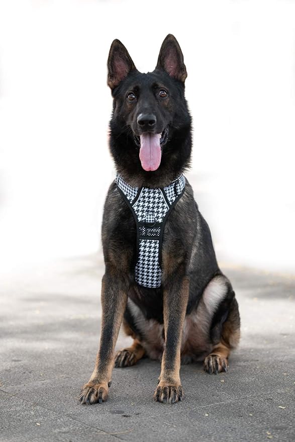 PoyPet No Pull Dog Harness, [Release on Neck] Reflective Adjustable No Choke Pet Vest with Front & Back 2 Leash Attachments, Soft Control Training Handle for Small Medium Large Dogs(Houndstooth,XL)