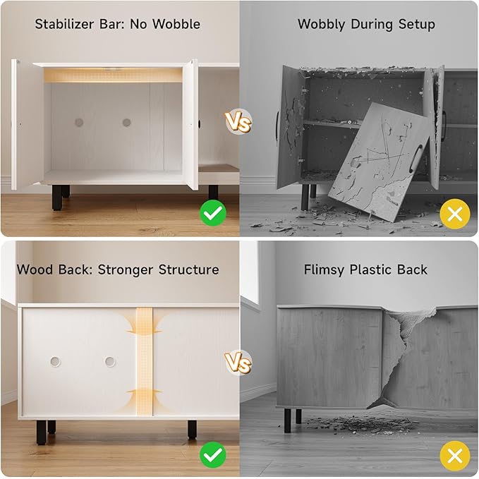 ONBRILL 59 Inches Cat Litter Box Enclosure for 2 Cats, Hidden Litter Boxes Furniture with Cat Scratch Pad, Large Indoor Pet House with Double Room, Wooden TV Stand Side Table, Off White